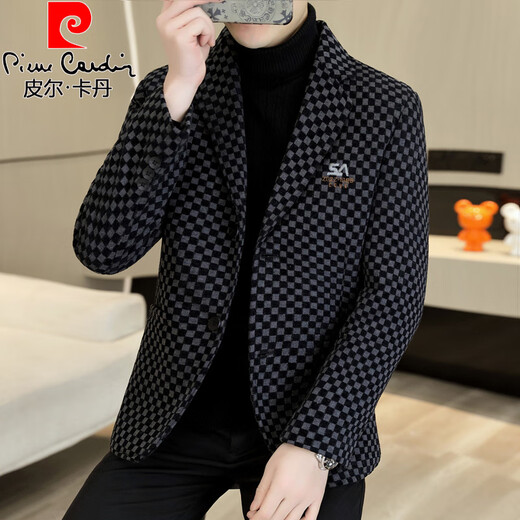 皮尔卡丹春秋季格子毛呢西服男士韩版修身加棉加厚保暖短款呢子小西装外套 加绒 灰色【加厚】 2XL 135-150斤