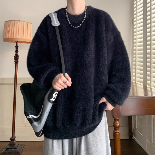 KIEXI毛衣男加厚秋冬季外套高级感痞帅加厚圆领针织衫慵懒风美式宽松 黑色 L【建议115-130斤】