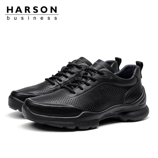 哈森（Harson）男鞋透气镂空商务休闲鞋通勤冲孔大码运动皮鞋 黑色 40