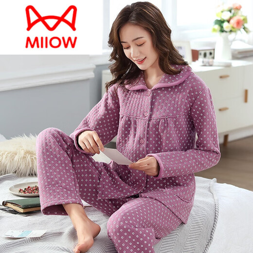 猫人（MiiOW）秋冬季全棉空气棉夹层睡衣女加厚纯棉长袖三层厚款夹棉家居服套装 6169 M