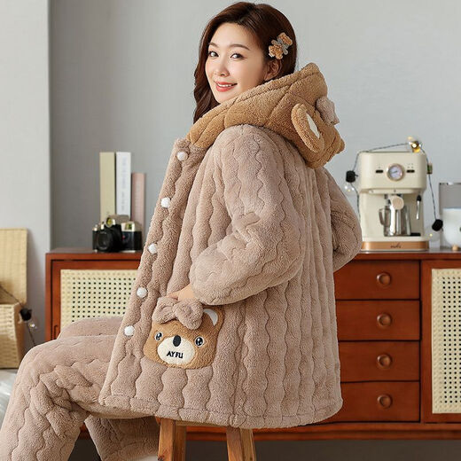 TXYX湖南省省服女冬天珊瑚绒加厚加绒三层夹棉袄法兰绒秋冬季大码家居 HL6636蓝色-中长.款 L （推荐100-120斤）