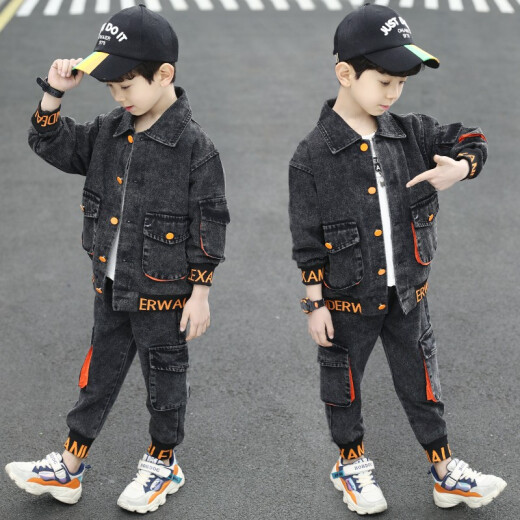 Mengmengdao Children's Clothing Boys Suit Autumn Clothing 2021 New Zhongda Children's Student Fashion Denim Jacket Two-piece Boys Sports Style Suit Black 140 Sizes (Recommended Height 130 cm)