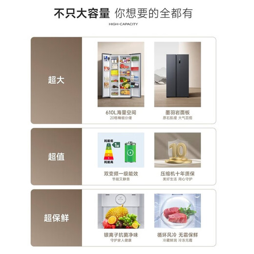 Mijia Xiaomi National Subsidy up to 20% 610L Refrigerator Side-by-side Double Door Large Capacity Air-cooled Frost-free Silver Ion Sterilization Level 1 Energy Efficiency BCD-610WMSA