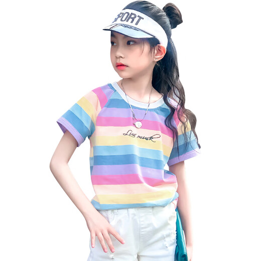 Camiseta de manga corta de Pitt Pitt Girls 2025 Summer NUEVO TENTRO T CHIRES COREANO Top de rayas sueltas Medianas grandes para niños grandes 3505 Rainbow Stripe + 9922 White 150 cm