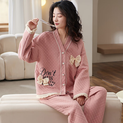芊之雅睡衣女生秋冬加厚纯棉夹层长袖保暖空气棉薄夹棉居家服加棉套装 MFT-15269# 女L/165