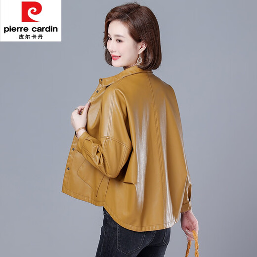 皮尔卡丹（pierre cardin）海宁真皮皮衣女短款春秋新款韩版宽松大尺码皮夹克休闲时尚外套 姜黄色 M 【建议90-110斤】