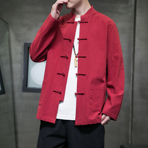 Huatianmu large size Chinese style shirt men's stand collar long sleeve retro style tunic tunic cotton and linen plate button spring and autumn jacket burgundy 3XL, recommended 150-170Jin Jin equals 0.5 kg