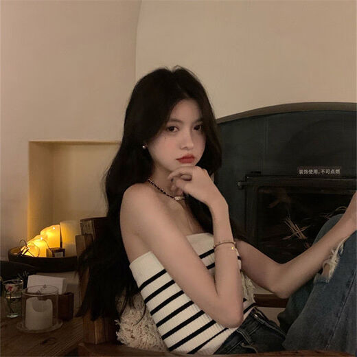 HONGSILINYI strapless tube top, beautiful back, hot girl suspender top design, summer striped knitted vest for women, black, one size fits all, 75Jin Jin is equal to 0.5kg -120Jin Jin is equal to 0.5kg
