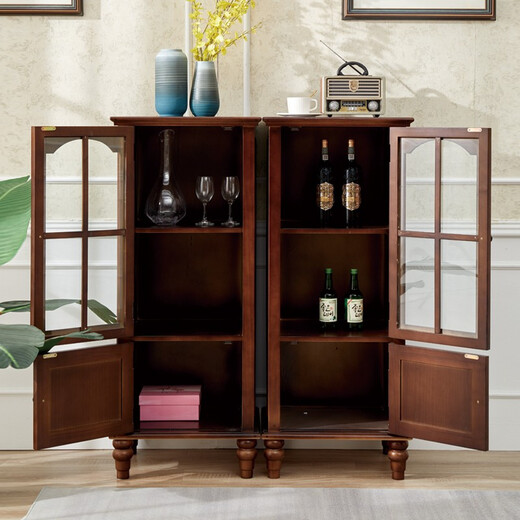 Poetic wood language solid wood American wine cabinet living room decorative side cabinet against the wall red wine cabinet home light luxury glass small wine cabinet integrated against the wall walnut color tall wine cabinet left door opening thickened glass single door