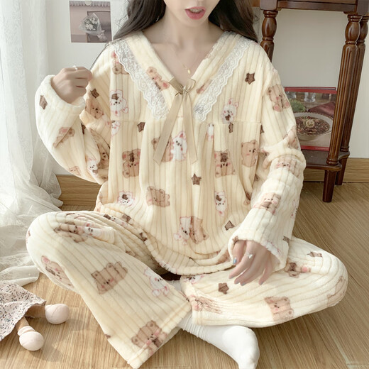 喻玖胖mm睡衣女秋冬季珊瑚绒套装加厚大码加肥200斤法兰绒甜美家居服 Y6627#兰兔 M码(80-100斤)
