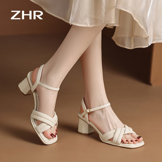 Sandales zhr pour les femmes en été élégantes talons épais à une bande pour les chaussures pour femmes talons hauts de couleur unie douce pour les femmes y683 beige 35