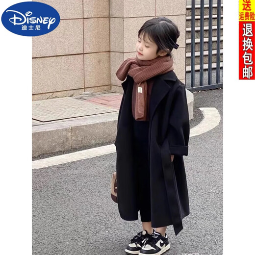 Disney (Disney) 2024 Herbst und Winter Neue Mädchen Wollmantel mit mittlerer Wolle mit Wollmantel mit mittlerer Länge verdickter, vielseitiger Neujahrs-Mantel-Trend schwarz [Modell] 150 empfohlen, weniger als 152 cm zu sein