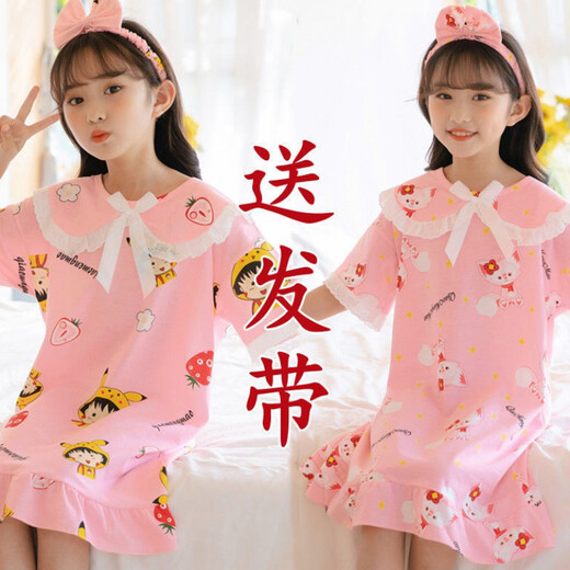 护子鸟儿童睡裙短袖卡通纯色棉2-14岁小孩子穿的夏季中大童小女孩家居服 HH短裙翻粉格子发带 110 12码身高-12048斤内