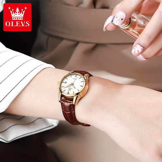 Olevs Swiss Certified Brand Watches Women's Mechanical Watch Fotor Automatic Simple Temperament Watan Watch Watch Watch 6629 Surface blanche en cuir brun amélioré amélioré [