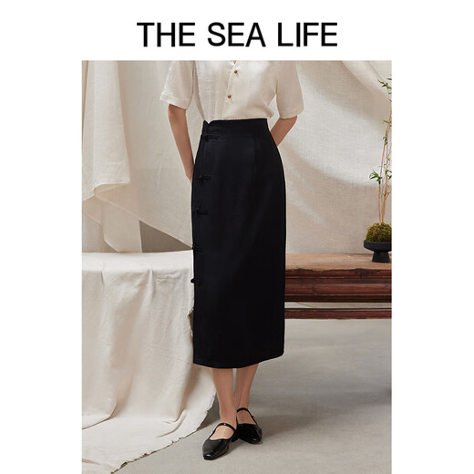 
THE SEA LIFE Ou Hai Yisheng New Chinese style high-waisted skirt for women 24 summer waist-hugging high-end black folding skirt Y16866 Black Mage M