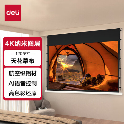 得力（deli）嵌入式投影幕布4K软白 120英寸16:9隐藏式天花幕布 智能语音控制 APP控制电动拉线幕布MS902