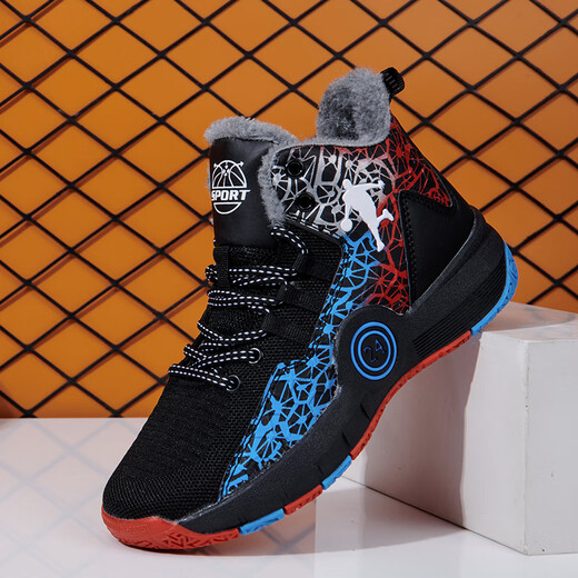 G.Duckkids Jungen Basketballschuhe für Winter plus Samt verdickte warme Kinder weiche Sohle Anti-Rutsch mittel- und großer Kinder-Laufschuhe Schockabsorbier- und Verschleißschuhe BG-Black und Blue 695m (nicht ausrutschen) 34 Größen