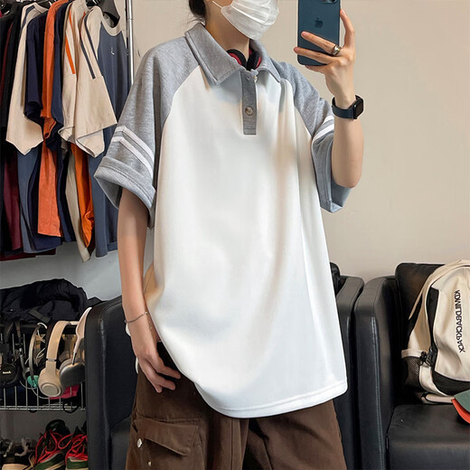 
Hong Kong Lianya short-sleeved men's summer Japanese contrasting T-shirt s trendy brand high street loose rag-sleeved color lapel polo shirt h-t3527 gray black sleeve M (recommended 90-115 Jin [Jin equals 0.5 kg])