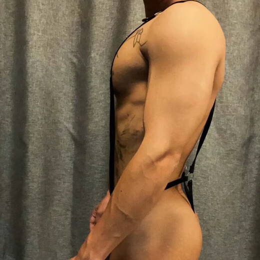 Gay sexy men's low-waist thong black imitation leather PU sexy one-piece suspenders T-pants bar performance wear