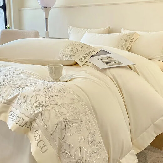 Crystal Home Textiles European Maternal and Infant Long Staple Cotton Four-piece Set Pure Cotton Light Luxury Embroidered Quilt Cover Sheet Sheet Fitted Sheet Full Cotton Upgraded Baby Grade Heavy Embroidery * Starry Blue * Suitable for 1.8m bed Four-piece Set * Quilt Cover 2x2.3m