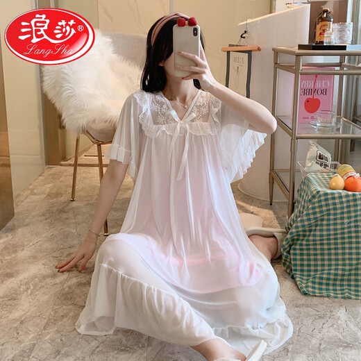 LangSha Palace Style Princess Night Dress Summer Thin Sweet Modal Pajamas Lace Lace Mesh Ice Silk Home Suit Summer W7371 XL [Recommended 120-140Jin [Jin equals 0.5 kg] Wear]