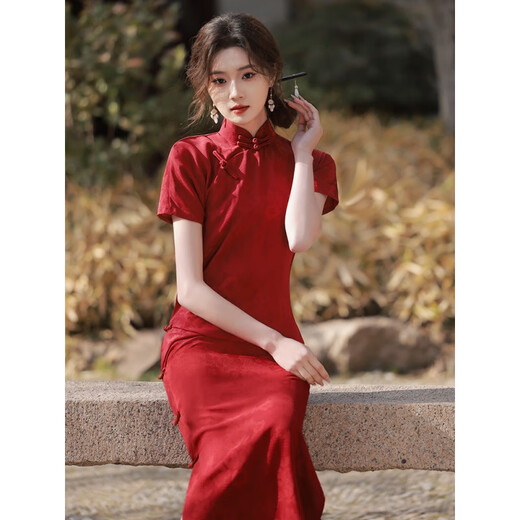 Cyclone rojo modificado cheongsam tostado nuevo estilo antiguo de alta gama chino compromiso retro vestido de socialitis francés 9230 rojo s