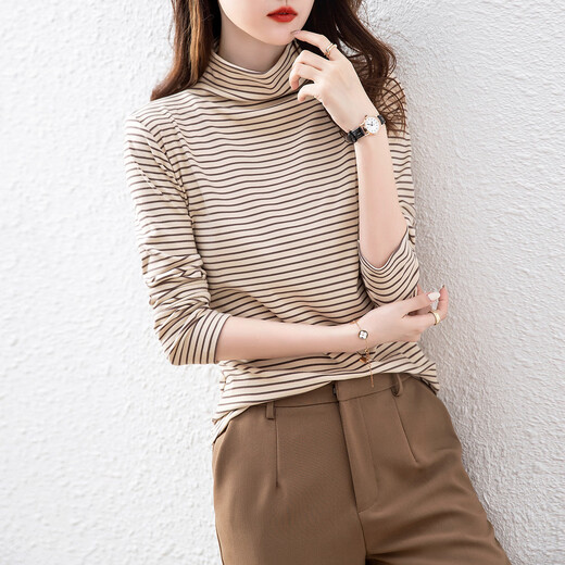 Demana (dme) super elastic striped half turtleneck comfortable striped bottoming shirt for women with top and bottoming shirt for women, light yellow L