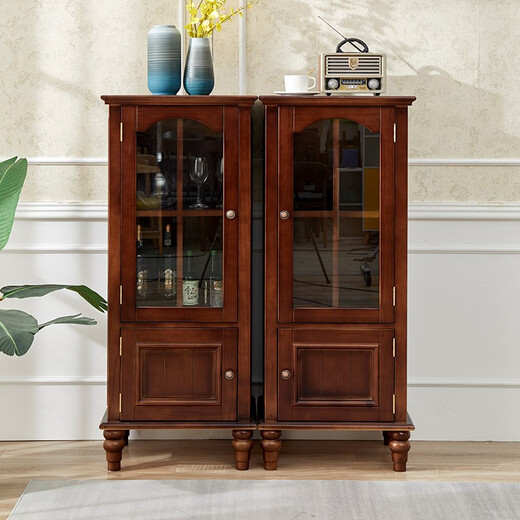 Poetic wood language solid wood American wine cabinet living room decorative side cabinet against the wall red wine cabinet home light luxury glass small wine cabinet integrated against the wall walnut color tall wine cabinet left door opening thickened glass single door