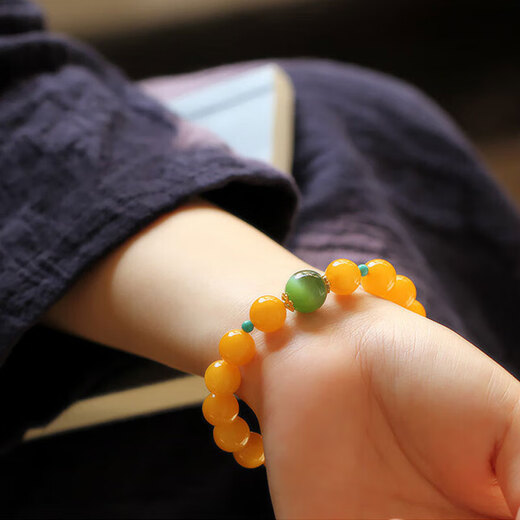 Longyin Beeswax Amber Bracelet for Women and Men with Buddhist Beads and Jasper Cat's Eye Single Circle Birthday Gift YJ 9mm