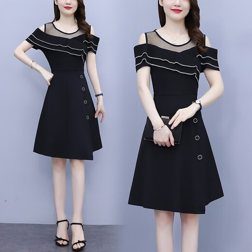 WeiLuoXuan (WeiLuoXuan) 2025 summer new dress for women with ruffle off-shoulder mesh splicing fashionable light luxury temperament covering belly 6231 picture color L Recommended 98-115Jin [Jin equals 0.5 kg]