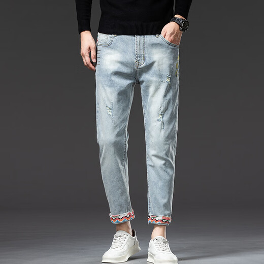 Canelin kiskha printemps Nouveau jean à neuf crédits brodé à imprimé à neuf crédits de style coréen masculin stretch mince pieds et marque à tendance rétro Everbright 869 bleu clair neuf-crédit 32 taille