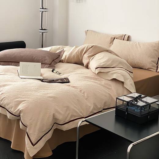 Snowsman pure cotton bed four-piece set, cotton embossed jacquard quilt cover, high-end bedding, Maillard simple wabi-sabi style bed sheets