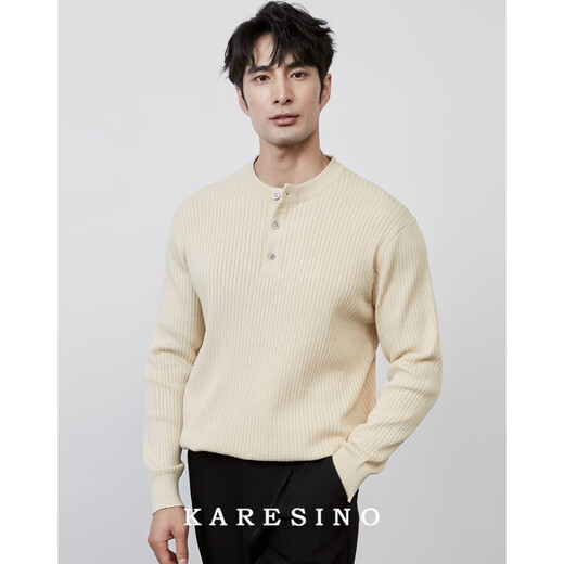 KARESINO autumn and winter high-end business Henry collar sweater slim casual all-match round neck sweater men's base shirt light brown light apricot M M