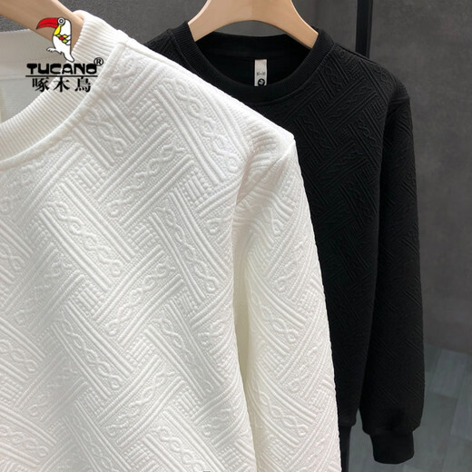 Woodpecker (TUCANO) simple dark pattern sweatshirt men's trendy brand round neck bottoming shirt 2025 spring and autumn new men's slim long-sleeved top white M