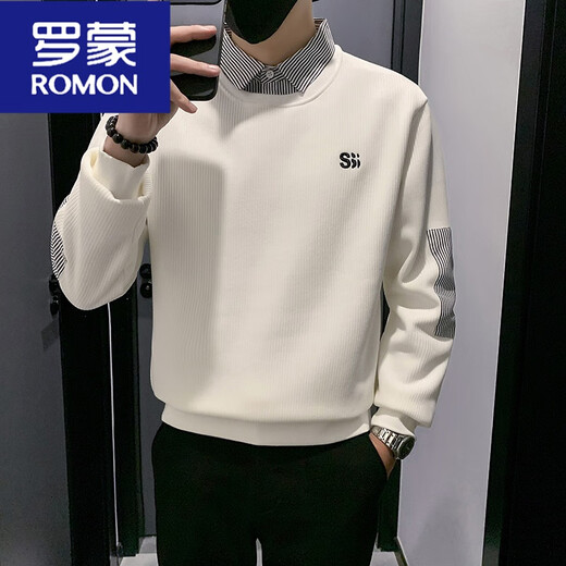 ROMON fake two-piece sweatshirt for men's spring and autumn style 2024 new autumn splicing top men's casual long-sleeved T-shirt white WY1392 M [recommended 115Jin [Jin equals 0.5 kg]]