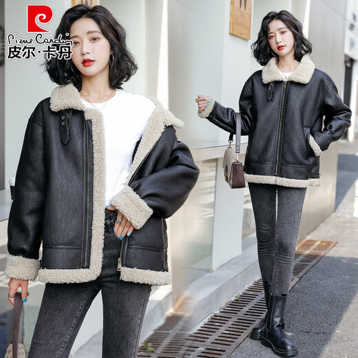 Pierre Cardin Haining Genuine Leather Jacket Women's Short 2025 New Plush Thickened Fur One-piece Sheepskin Jacket Autumn and Winter Brown M Recommended 120-130 Jin Jin equals 0.5 kg