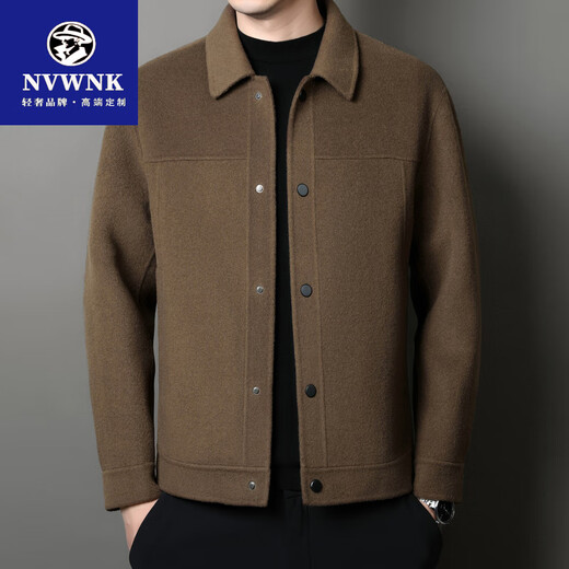 NVWNK double-sided woolen short coat men's autumn and winter trendy casual woolen coat lapel high-end cashmere jacket khaki 170/M suitable for 110-135Jin Jin equals 0.5 kg