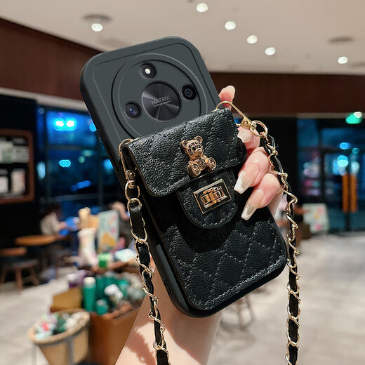 罗璐鸥荣耀X60手机壳斜挎挂绳外壳荣耀X60Pro链条背带硅胶BRC-AN00保护套斜跨零钱卡包防摔全包软壳女款 【白色-菱格小熊卡包款】+斜挎挂绳+屏幕保护膜 荣耀X60 Pro