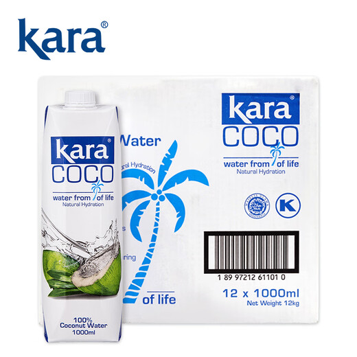 KARA 100% coconut water 1L*12 bottles containing electrolytes, quick hydration drink, 0 fat and low calorie