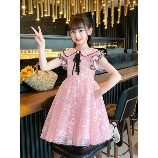 Hwhhe diseñador marca ropa para niños niñas vestidos de manga corta princesa vestido de princesa verano nuevo estilo de ropa de niña de la niña falda 2601 color de champán 150 cm