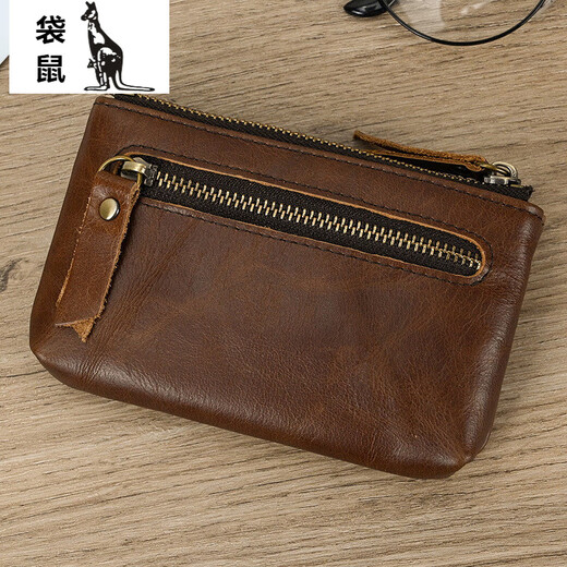 Kangaroo (KANGAROO) Men's Fashionable Casual Lightweight Crazy Horse Leather Retro Genuine Leather Belt Key Ring Coins Bag Key Coin Wallet 9202-Coffee Color