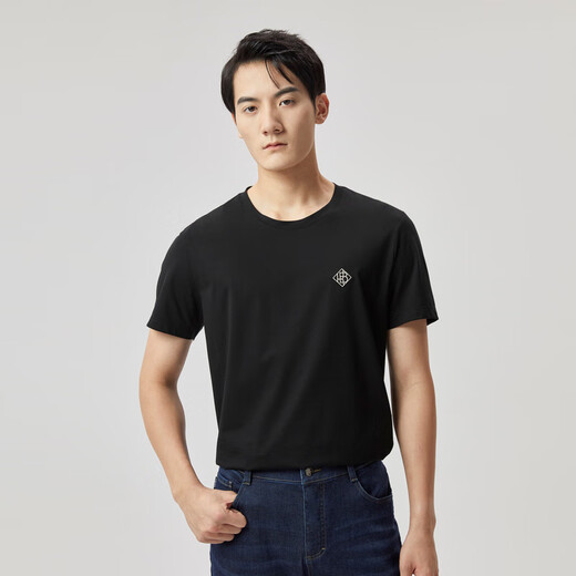 
Jinba Men's Clothing [Same Model in Shopping Mall] Short-sleeved Cotton T-shirt 2025 New Mulberry Silk Round Neck BTCT1301 Black S (165)