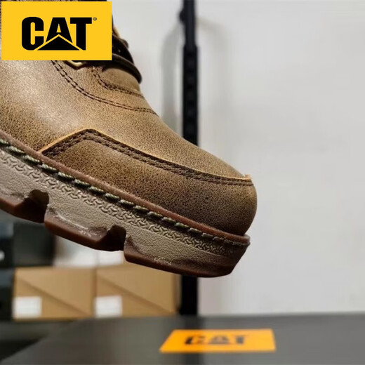 卡特 CAT圆头系带男鞋工装高帮真牛皮休闲耐磨牛皮轻便户外休闲鞋 卡其色 41