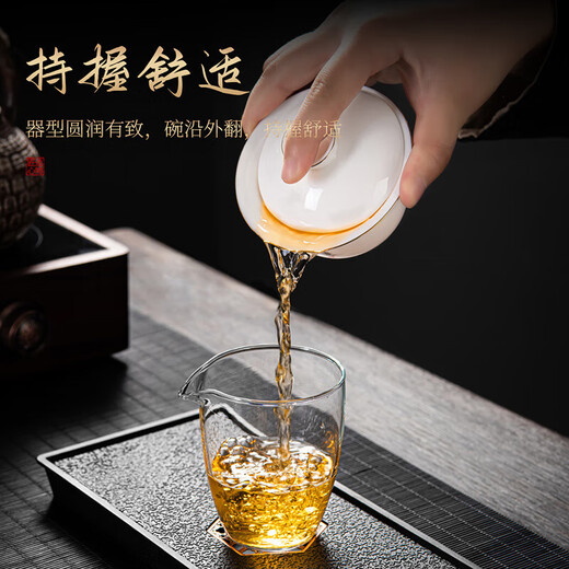 Qixuanyuan mutton-fat jade porcelain Kung Fu tea set three-piece set for home hotel dormitory tea bowl three-capacity cover bowl tea cup with tea tray