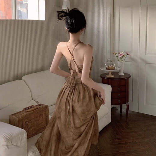 Miao Yijia New Chinese Style Suspender Dress Women's Skirt Summer Women's Clothing 2025 New Summer Women's Halter Neck Long Dress Pure Desire Retro Halter Neck Backless V-Neck Dress XL