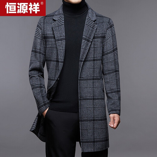 Hengyuanxiang double-sided wool coat men autumn and winter middle-aged men business casual mid-length wool coat plaid wool coat 21A16 170/88A