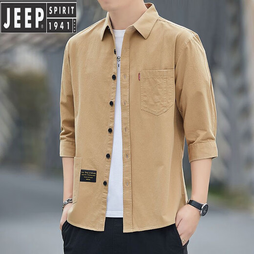 吉普（JEEP）高档纯棉免烫夏季衬衫男士宽松版七分袖衬衣工装中袖外套休闲百搭 高质量纯棉料七分袖5008(浅蓝色) M 95斤-115斤