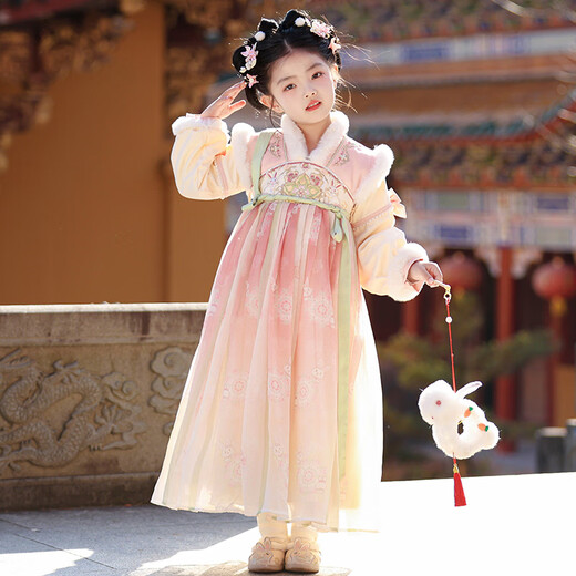 Anneyol (Anneyol) Hanfu girls winter antique style velvet dress children autumn and winter New Year's greetings Tang suit skirt pink 120