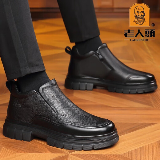 老人头棉鞋男冬季新款真皮加绒保暖雪地靴男士中老年爸爸皮靴子马丁靴男 黑色 40