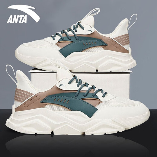 ANTA (ANTA) Chaussures de sport pour hommes 2025 Officielles Nouvelles chaussures de course rétro tendance en maille respirantes Chaussures de voyage décontractées pour papa Blanc ivoire/Gris lin/Vert mousse foncé 42